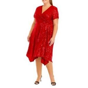 Perceptions Petite XL Short Sleeve Glitter Floral Dress Red Asymmetrical Holiday